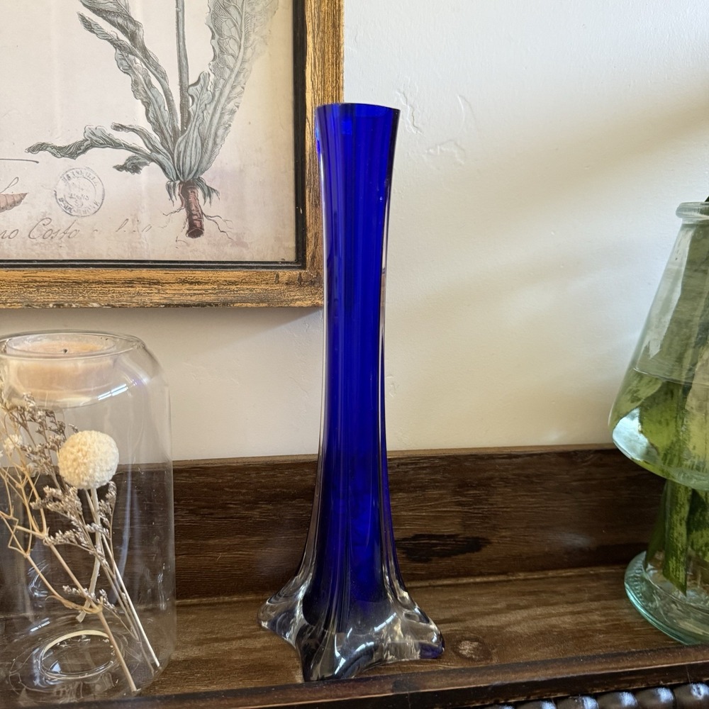 Beautiful AAC Murano Style Cobalt Blue 9.25" Tall Skinny Glass Bud Vase